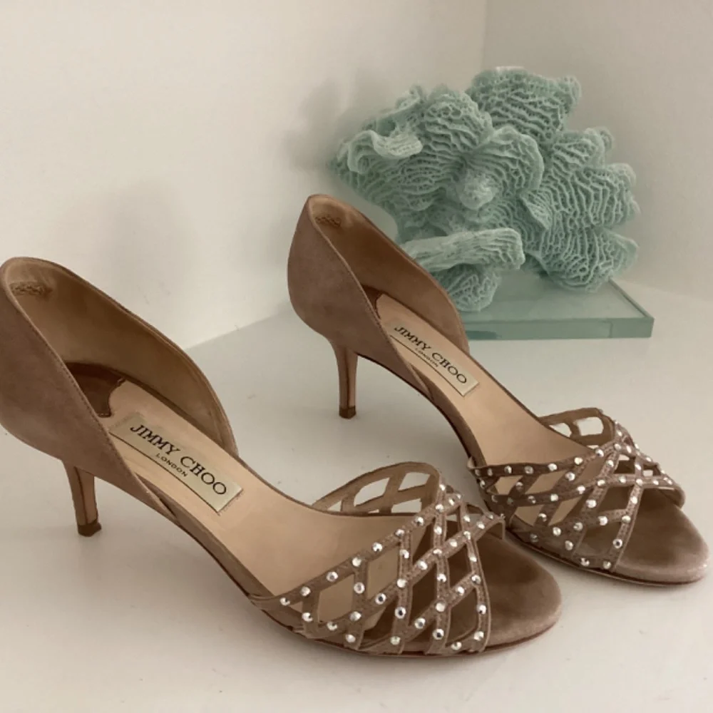 Jimmy Choo Suede Crystal Embellishment Slides Heels Sandals Shoes 37 7